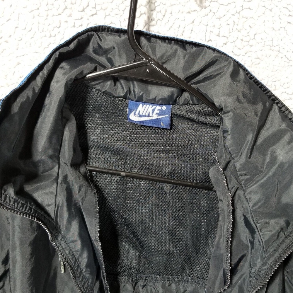 Vintage Nike Jacket Mens Large Blue Black Windbreaker Full Zip With Hood 80s - Picture 5 of 14